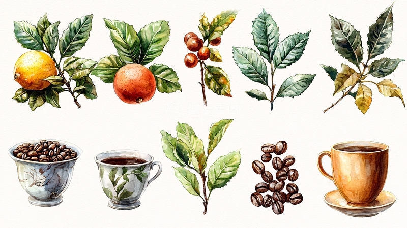 高清大图下载【趣麦麦图】水彩手绘水果咖啡茶叶