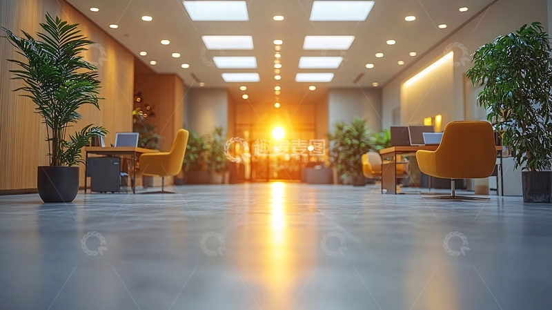 高清大图下载【趣麦麦图】现代化酒店大堂日落景色