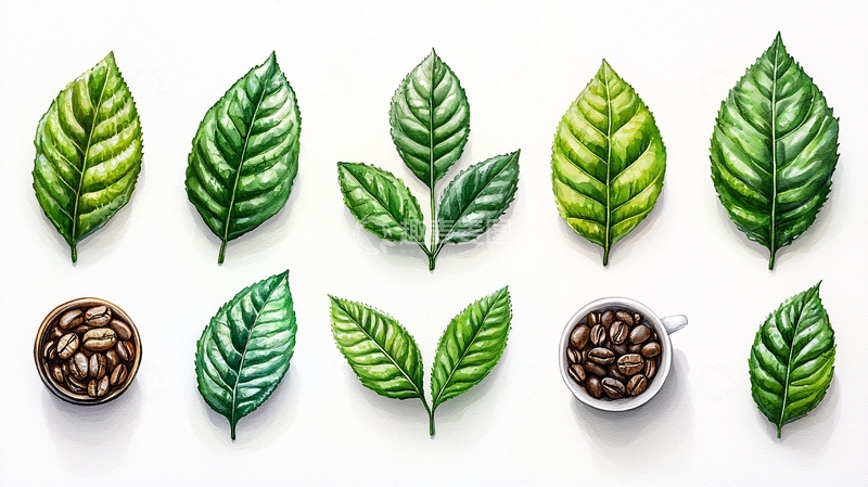 高清大图下载【趣麦麦图】手绘咖啡叶和咖啡豆
