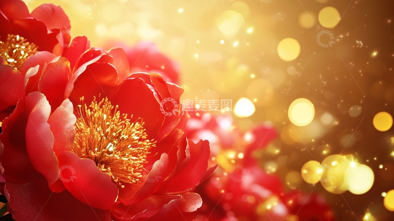 高清大图下载【趣麦麦图】闪耀金光背景的红色牡丹花