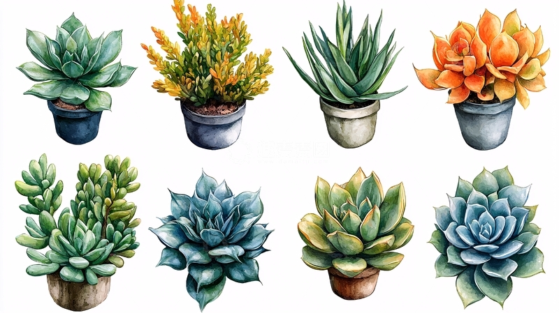 高清大图下载【趣麦麦图】水彩多肉植物盆栽