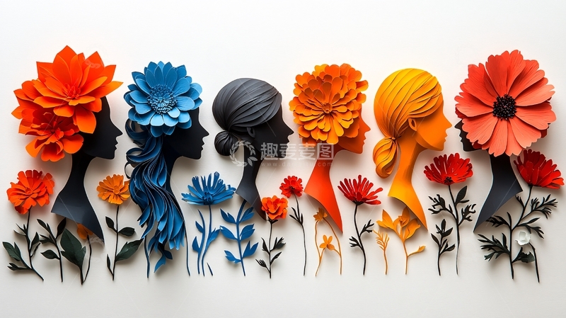 高清大图下载【趣麦麦图】彩色剪纸女性头像