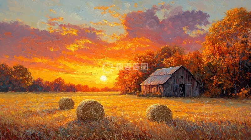 高清大图下载【趣麦麦图】金色的田野小屋夕阳