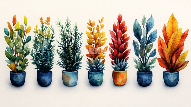 高清大图下载【趣麦麦图】水彩手绘七盆彩色植物