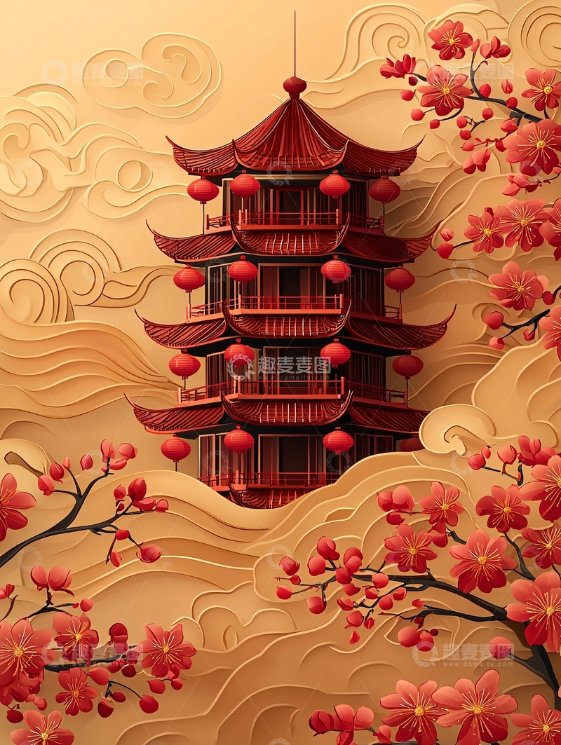 高清大图下载【趣麦麦图】中国风红色楼阁与梅花