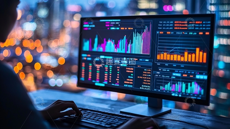 高清大图下载【趣麦麦图】夜景下电脑屏幕数据分析图