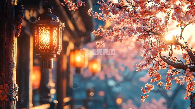 高清大图下载【趣麦麦图】灯笼下的樱花树