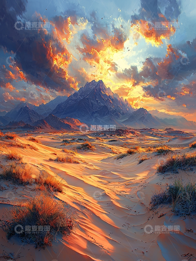 高清大图下载【趣麦麦图】沙漠日落山脉