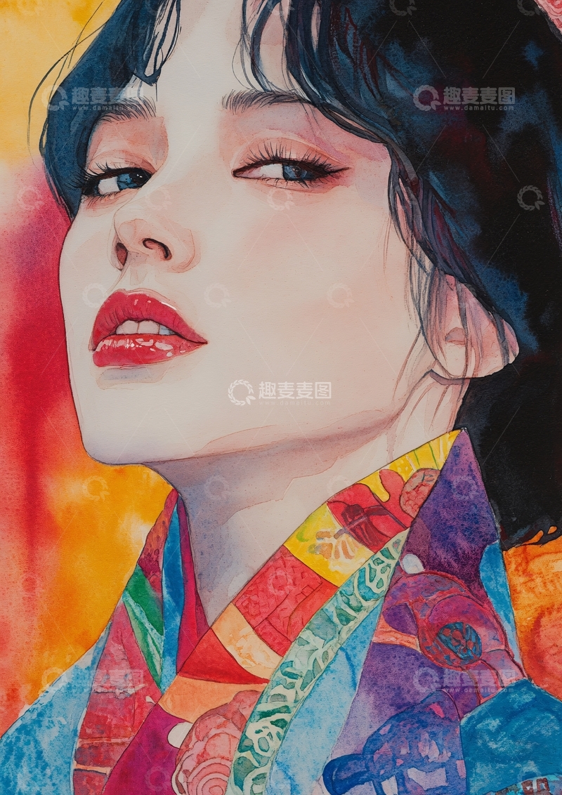 高清大图下载【趣麦麦图】水彩画美女