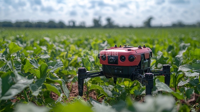 高清大图下载【趣麦麦图】田地里红色的农业机器人