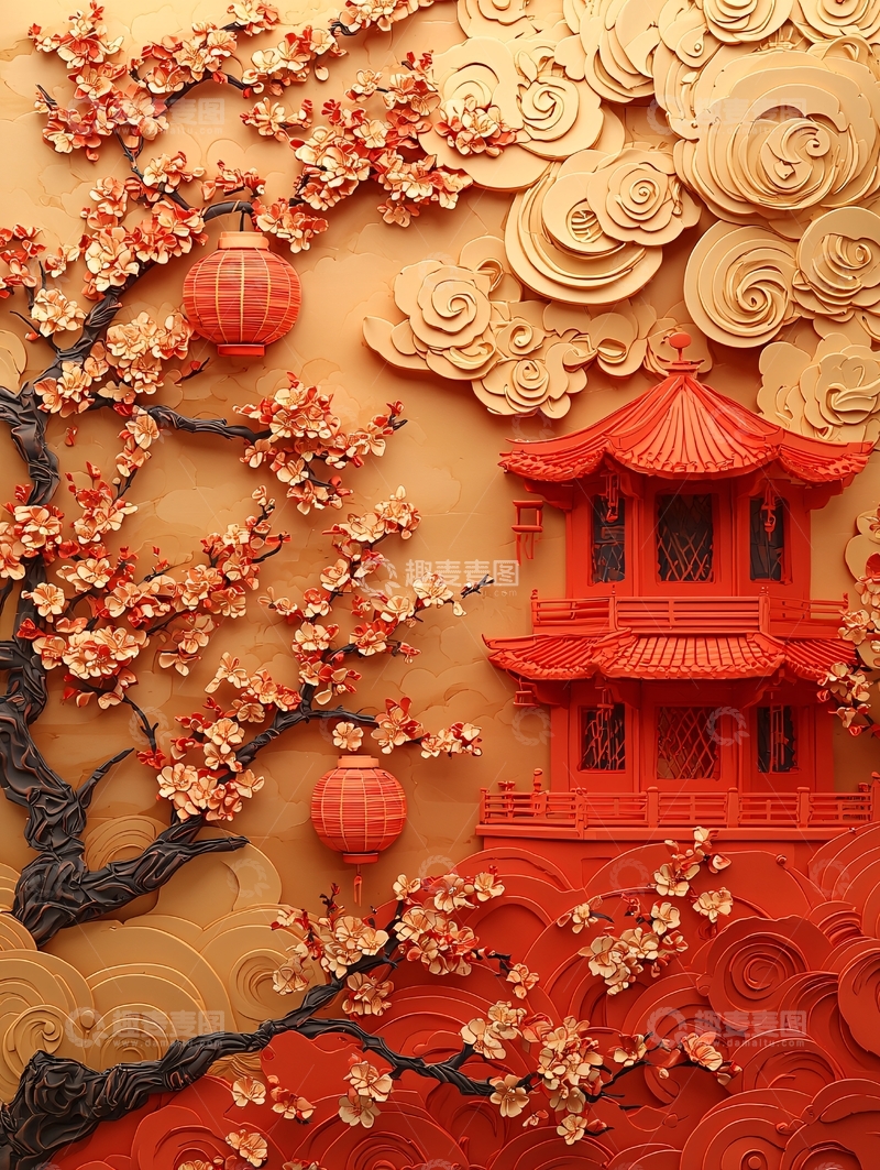 高清大图下载【趣麦麦图】中国风建筑与花树灯笼