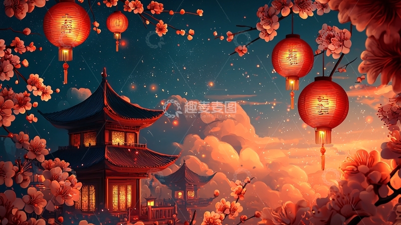 高清大图下载【趣麦麦图】中式建筑灯笼花朵夜景