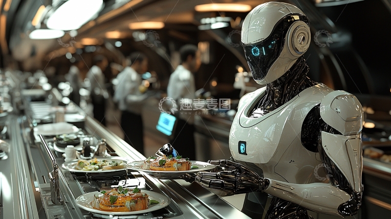 高清大图下载【趣麦麦图】餐厅机器人服务员
