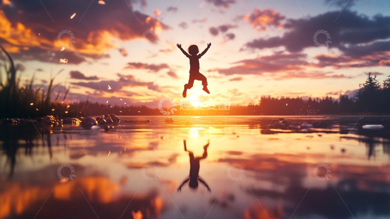高清大图下载【趣麦麦图】夕阳下孩子快乐跳跃
