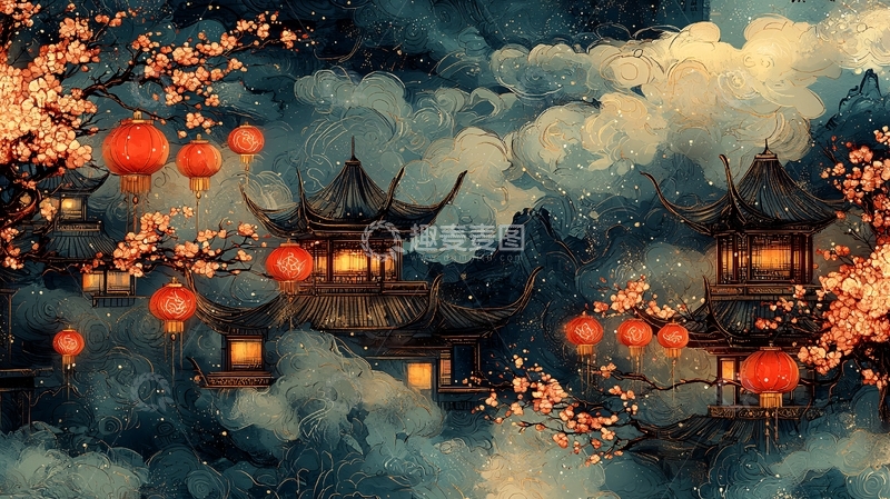 高清大图下载【趣麦麦图】国风建筑在云端