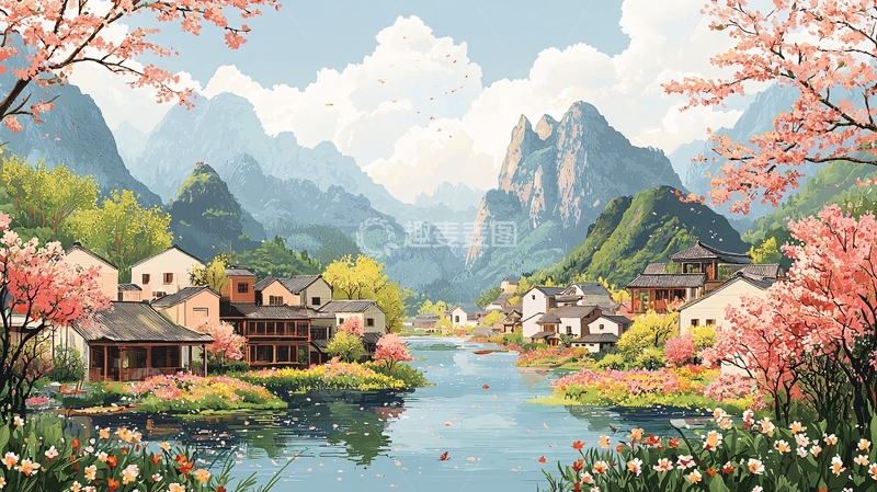 高清大图下载【趣麦麦图】山水桃花村庄唯美意境