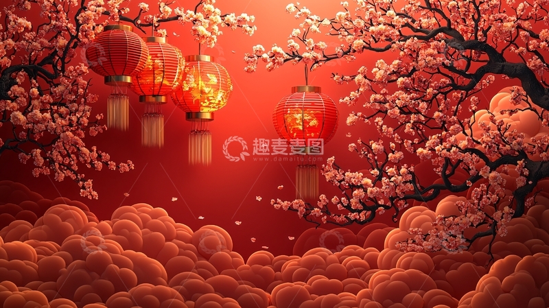 高清大图下载【趣麦麦图】红灯笼梅花树背景