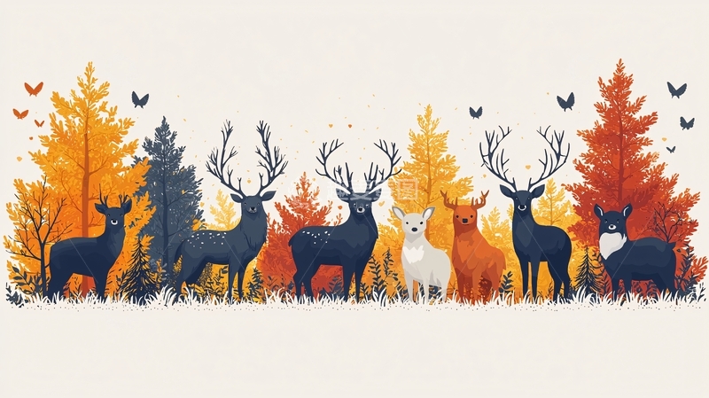 高清大图下载【趣麦麦图】秋季森林鹿群图