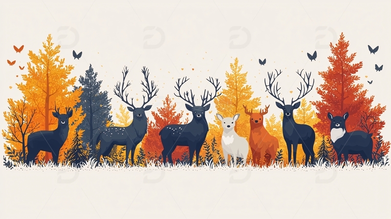 高清大图下载【趣麦麦图】秋季森林鹿群图