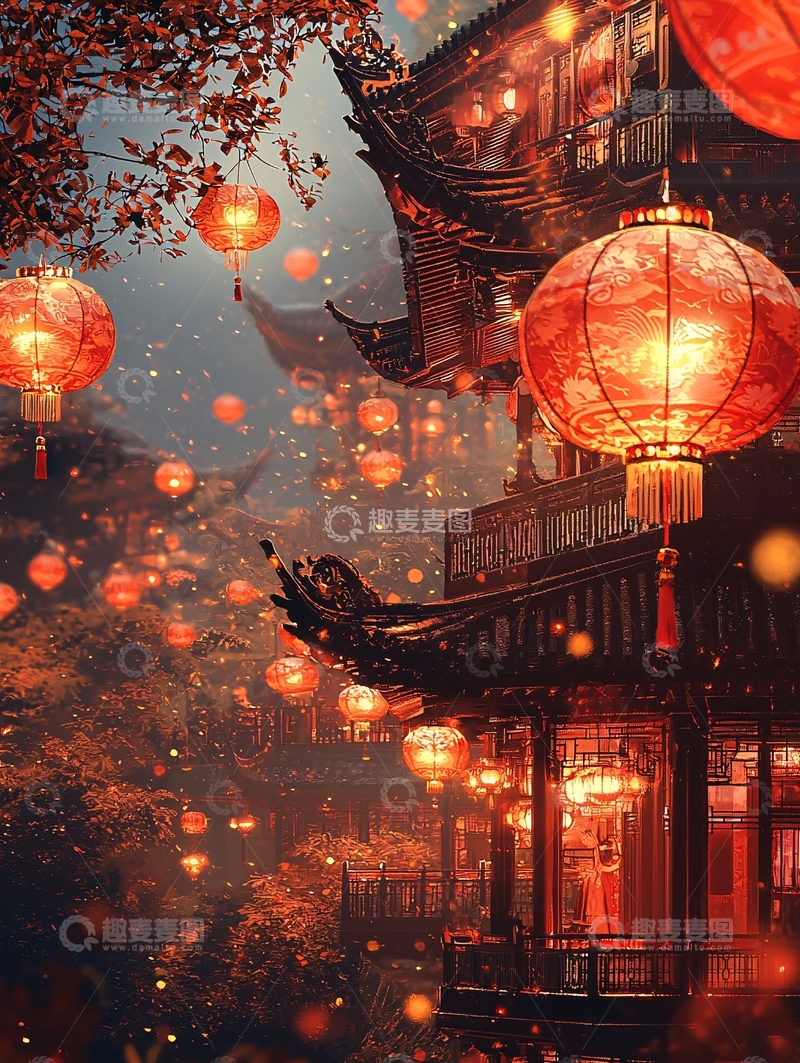高清大图下载【趣麦麦图】红灯笼古建筑夜景