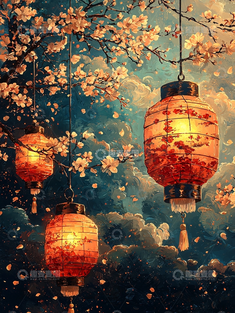高清大图下载【趣麦麦图】唯美樱花灯笼意境图