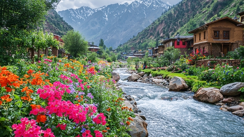 高清大图下载【趣麦麦图】山间溪流鲜花盛开的村庄
