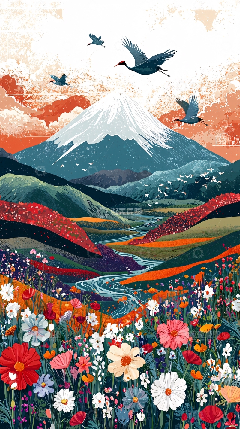 高清大图下载【趣麦麦图】花海雪山飞鹤壮丽景色
