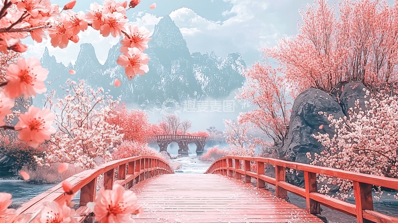 高清大图下载【趣麦麦图】粉色樱花桥