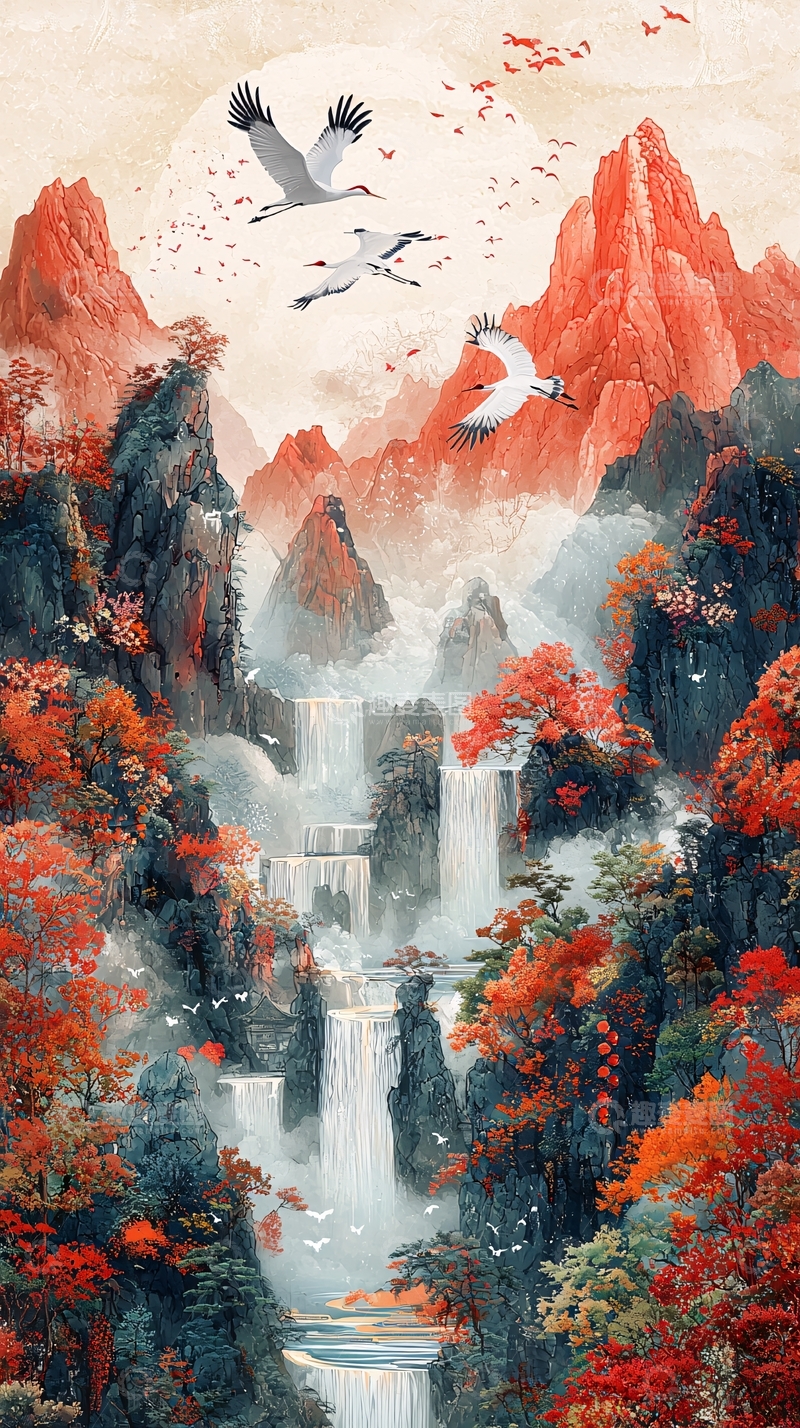 高清大图下载【趣麦麦图】水墨风山水画仙鹤飞舞