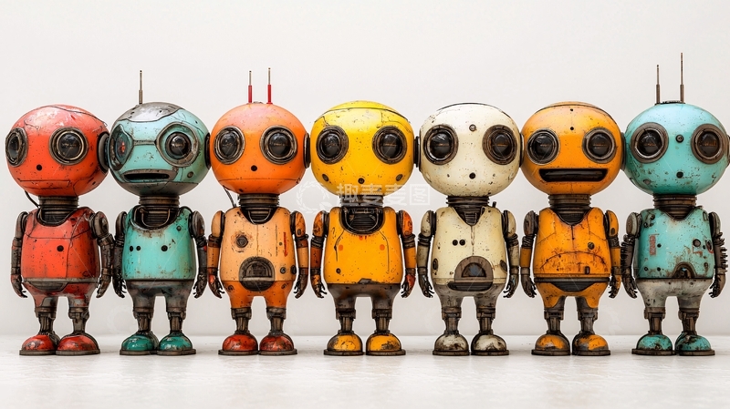 高清大图下载【趣麦麦图】七个彩色复古机器人