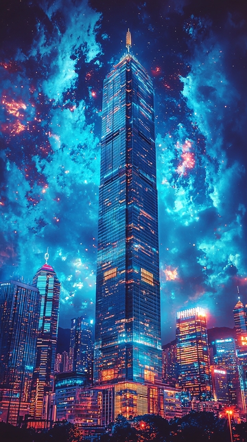 蓝色夜空下的摩天大楼