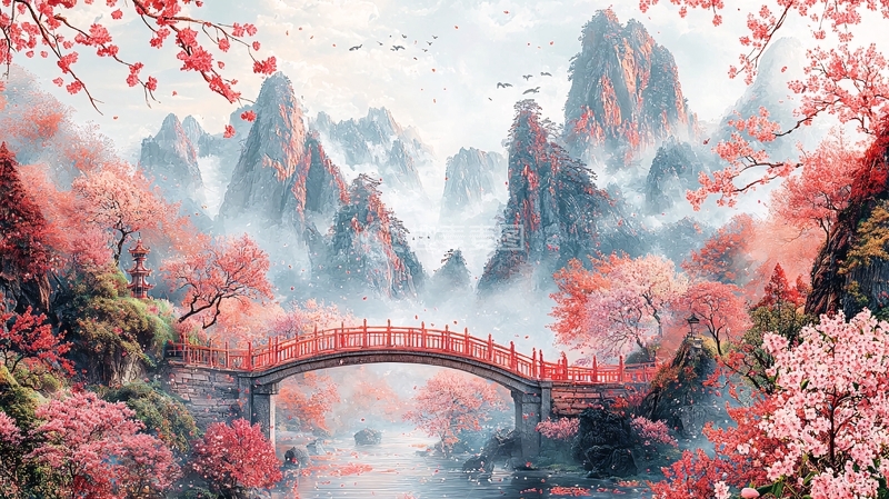 高清大图下载【趣麦麦图】粉色花朵山水画