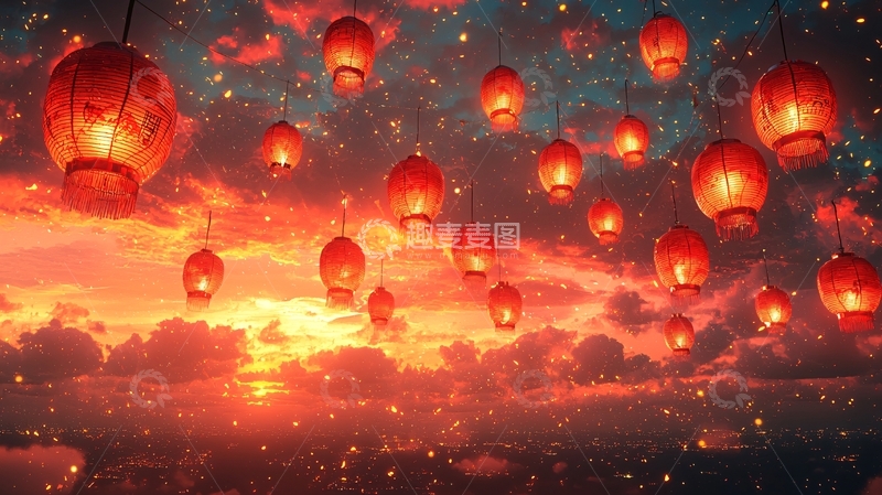高清大图下载【趣麦麦图】红色灯笼在梦幻星空下