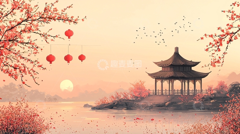 高清大图下载【趣麦麦图】日出时分水墨江南景色