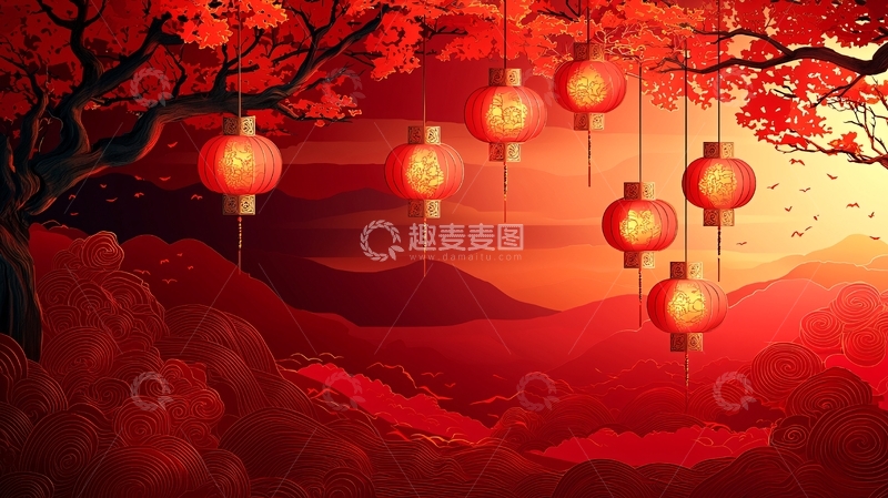 高清大图下载【趣麦麦图】红灯笼树下的喜庆场景