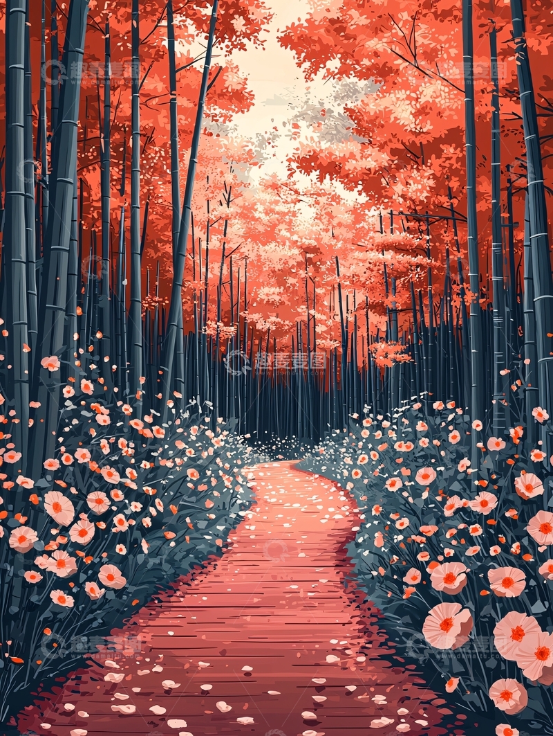 高清大图下载【趣麦麦图】红枫竹林小路
