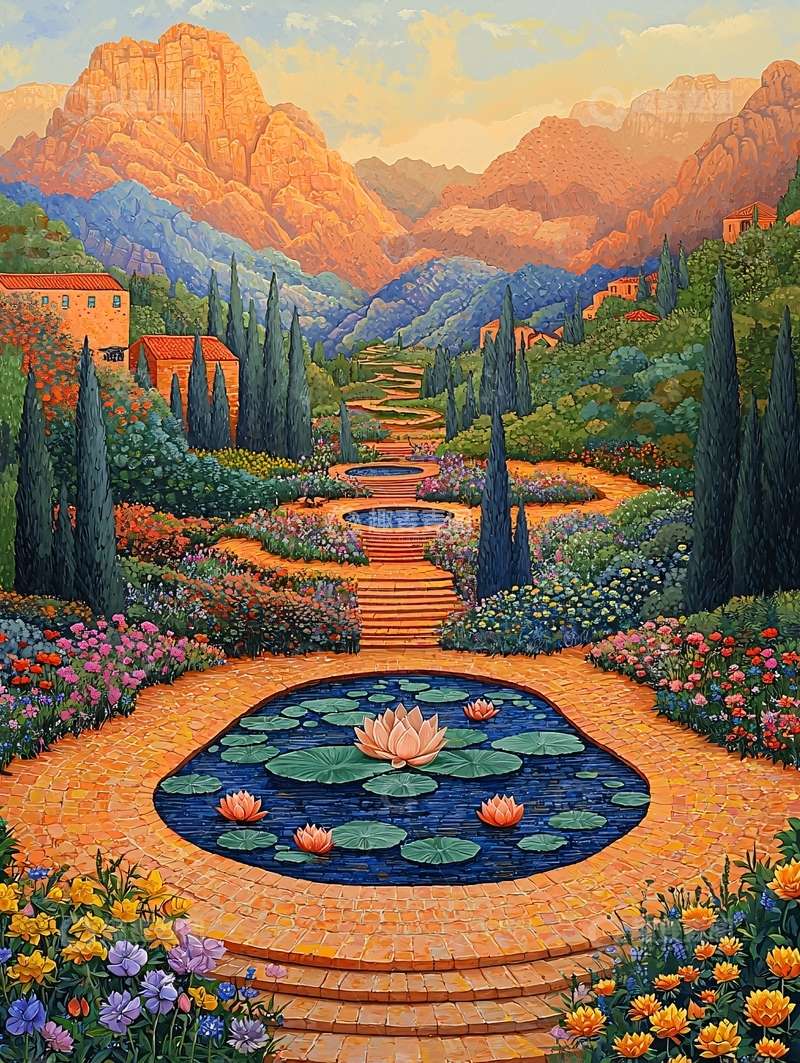 高清大图下载【趣麦麦图】山间花园阶梯式水池