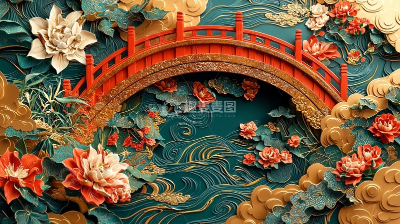 高清大图下载【趣麦麦图】红桥花卉浮雕背景