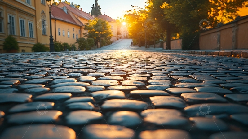 高清大图下载【趣麦麦图】夕阳下的鹅卵石街道