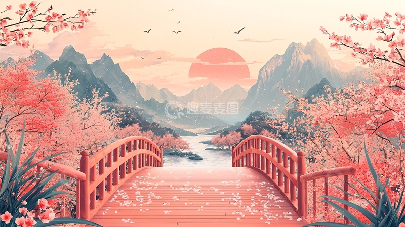 高清大图下载【趣麦麦图】春日樱花桥梁远山夕阳