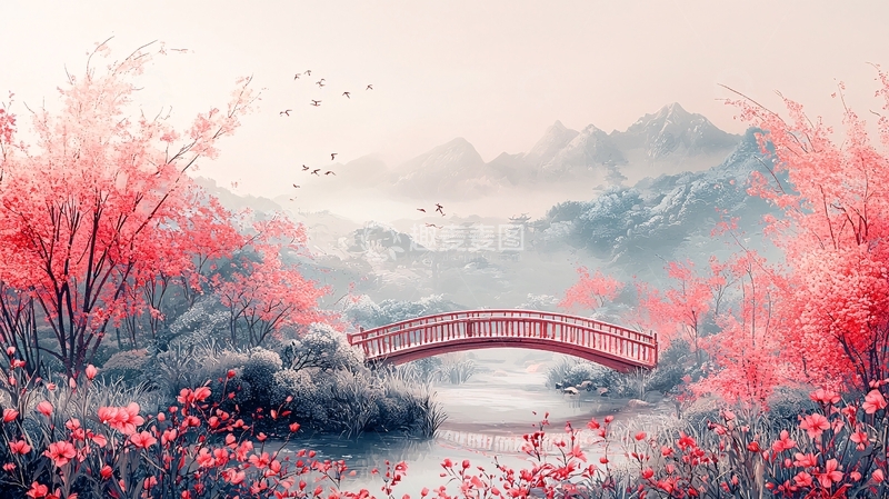高清大图下载【趣麦麦图】粉色水墨山水小桥意境