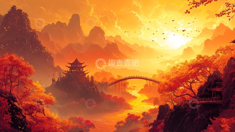 高清大图下载【趣麦麦图】金色秋日山水画