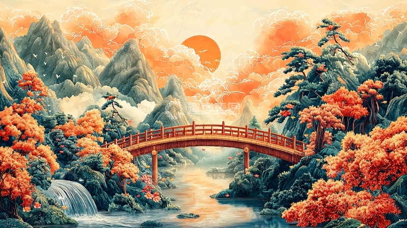 高清大图下载【趣麦麦图】日落山川古桥流水