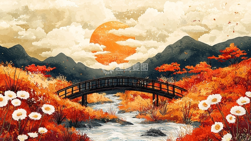 高清大图下载【趣麦麦图】日落秋景小桥流水
