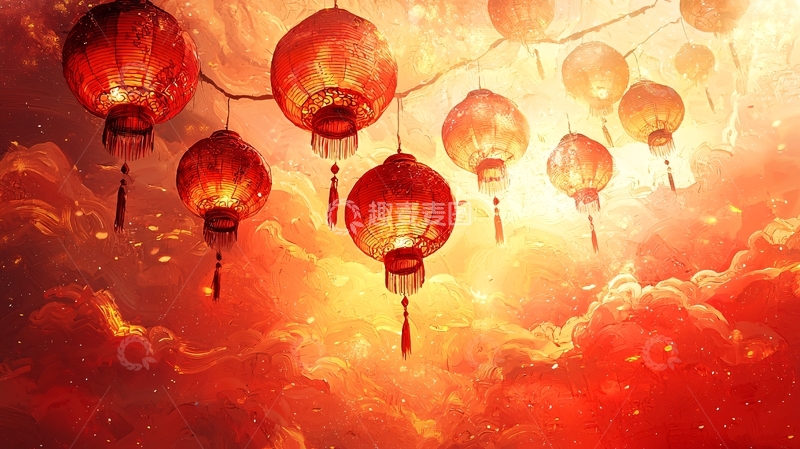 高清大图下载【趣麦麦图】红色灯笼悬挂在云雾中