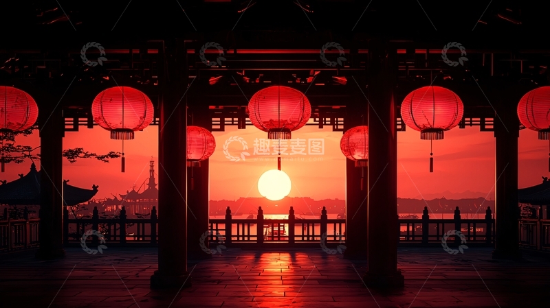 高清大图下载【趣麦麦图】红灯笼映衬下的日落美景