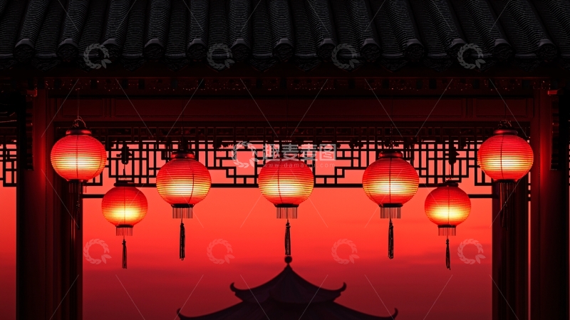 高清大图下载【趣麦麦图】红色灯笼下的中国建筑