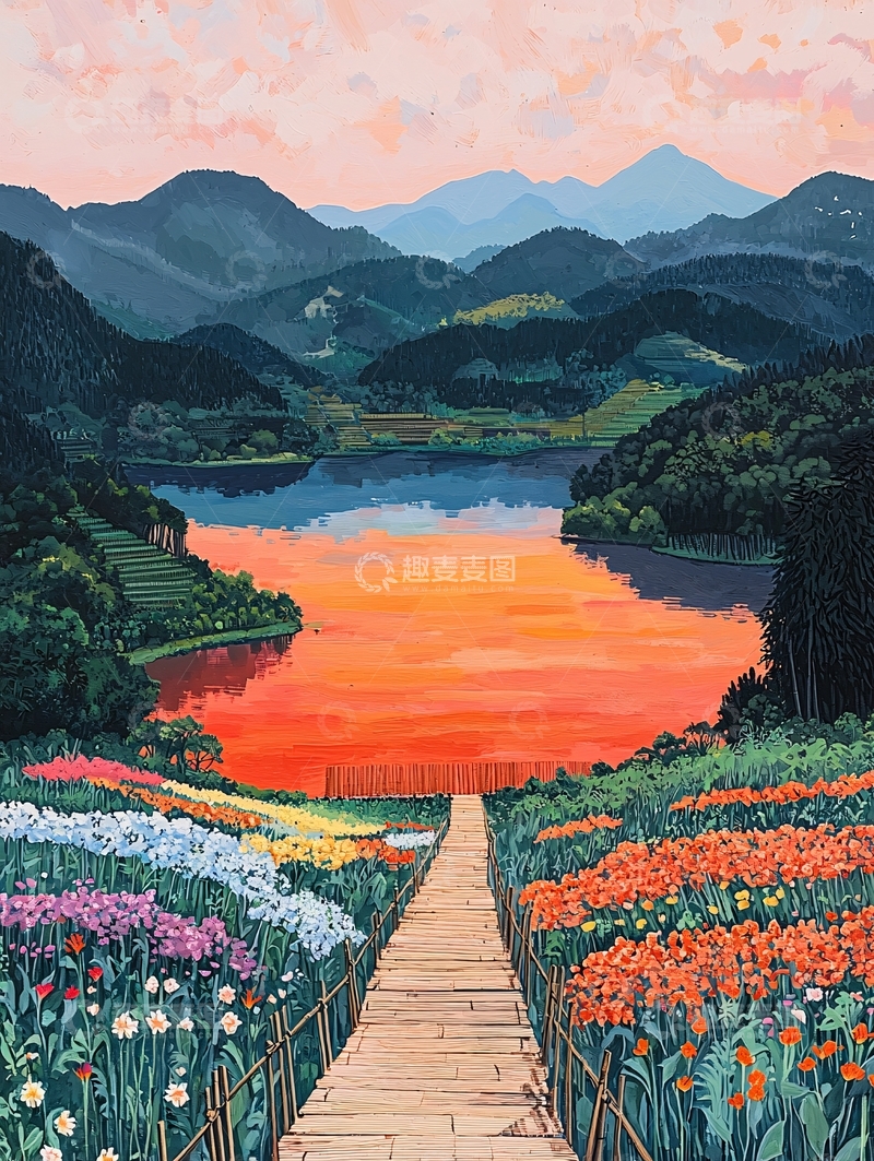 高清大图下载【趣麦麦图】壮丽湖景山脉鲜花小路