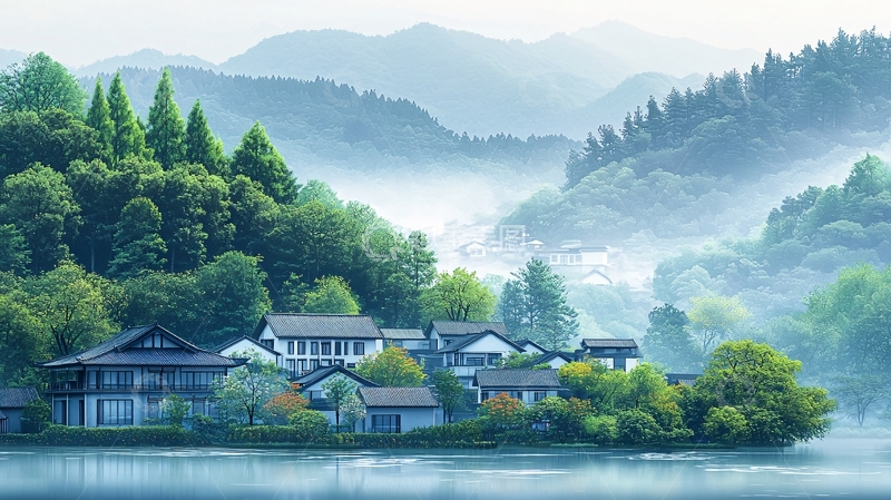 高清大图下载【趣麦麦图】雾气缭绕的山水村庄