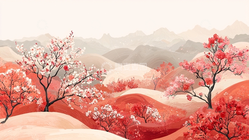 高清大图下载【趣麦麦图】水墨风山水桃花意境